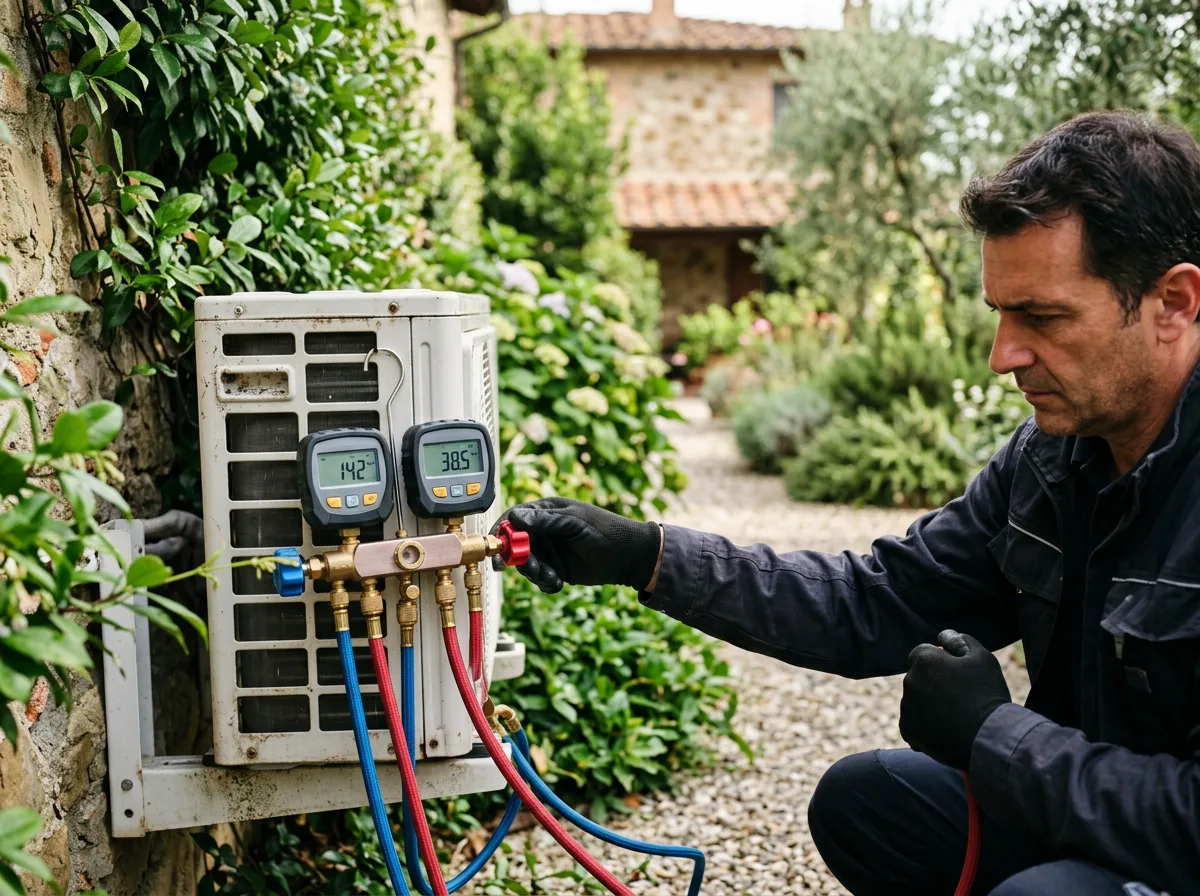 Manometri digitali collegati al circuito di una pompa di calore durante un controllo periodico, tubi colorati rosso e blu, sfondo sfocato