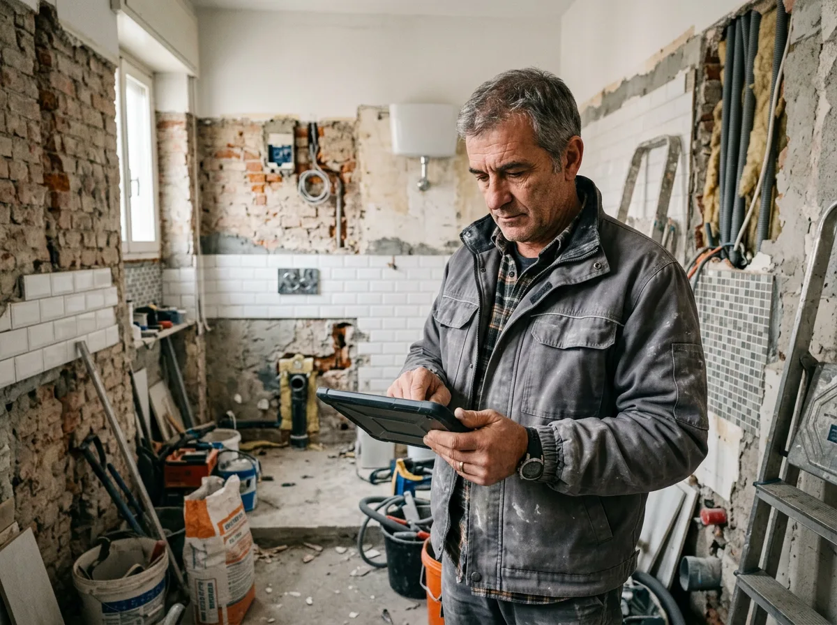 Capocantiere che controlla il programma lavori su un tablet dentro un bagno in ristrutturazione, appartamento italiano, stile reportage