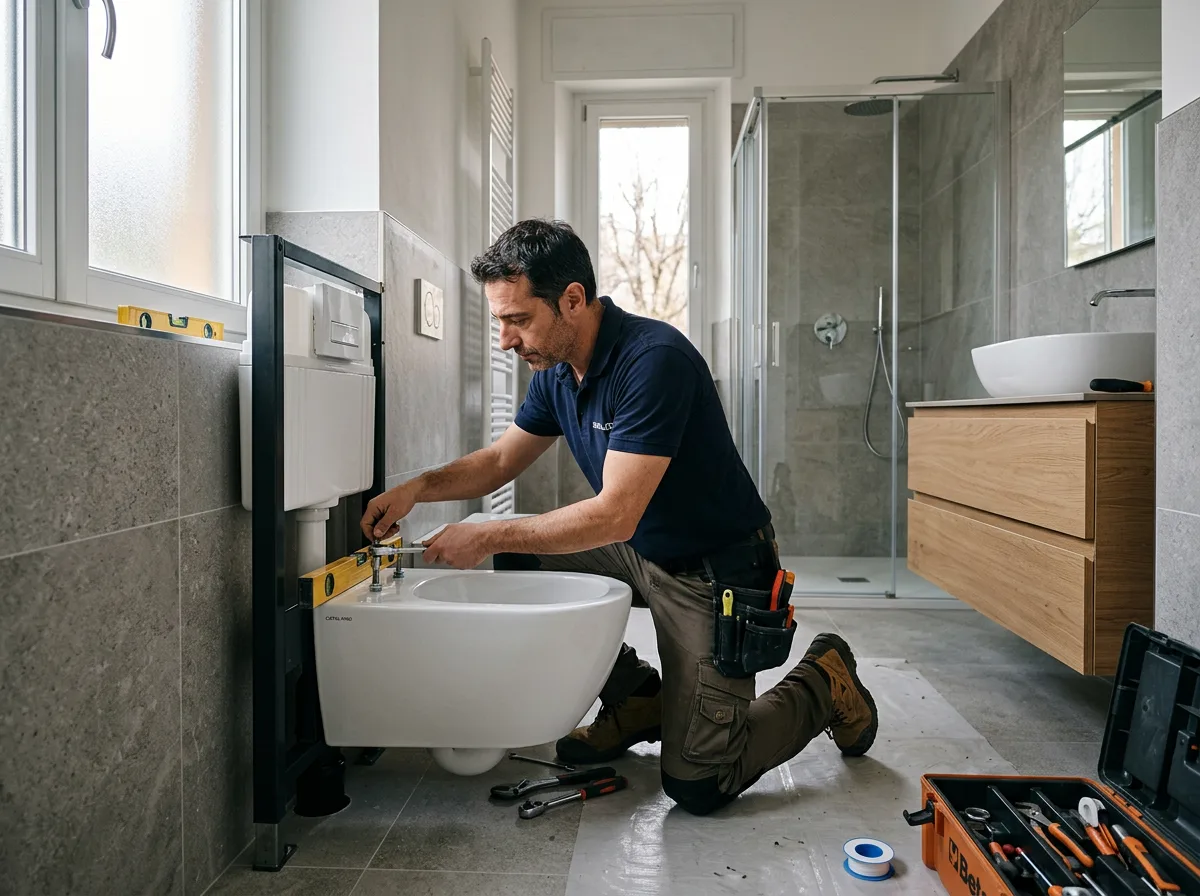 Idraulico che installa i nuovi sanitari sospesi in un bagno quasi finito, appartamento italiano moderno, luce naturale