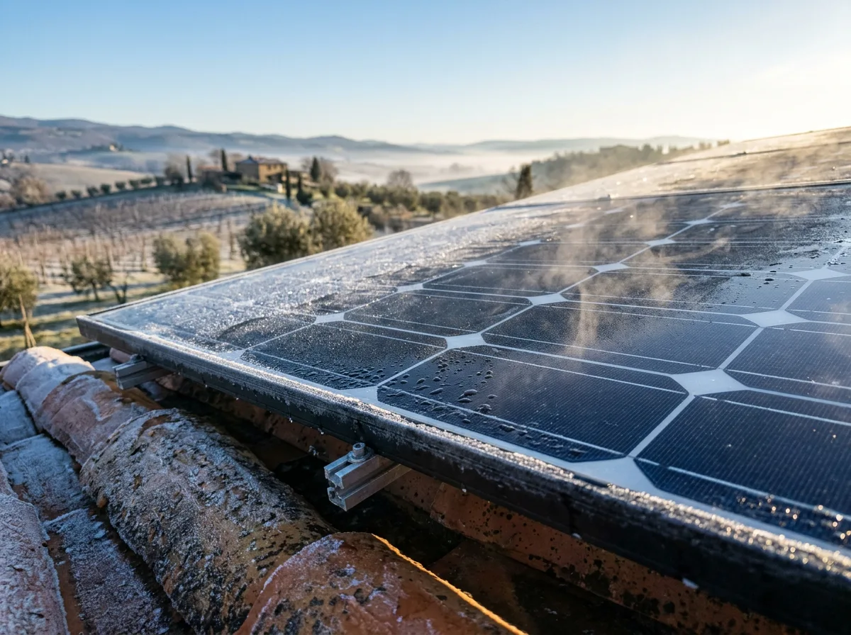 Pannelli fotovoltaici su tetto in coppi con sottile strato di brina che si scioglie al sole del mattino invernale, dettaglio ravvicinato