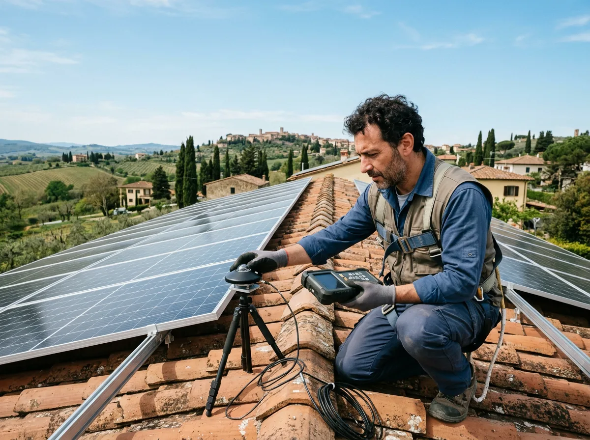 Tecnico su un tetto che usa un misuratore di irraggiamento solare vicino ai pannelli fotovoltaici, cielo azzurro, gesto professionale