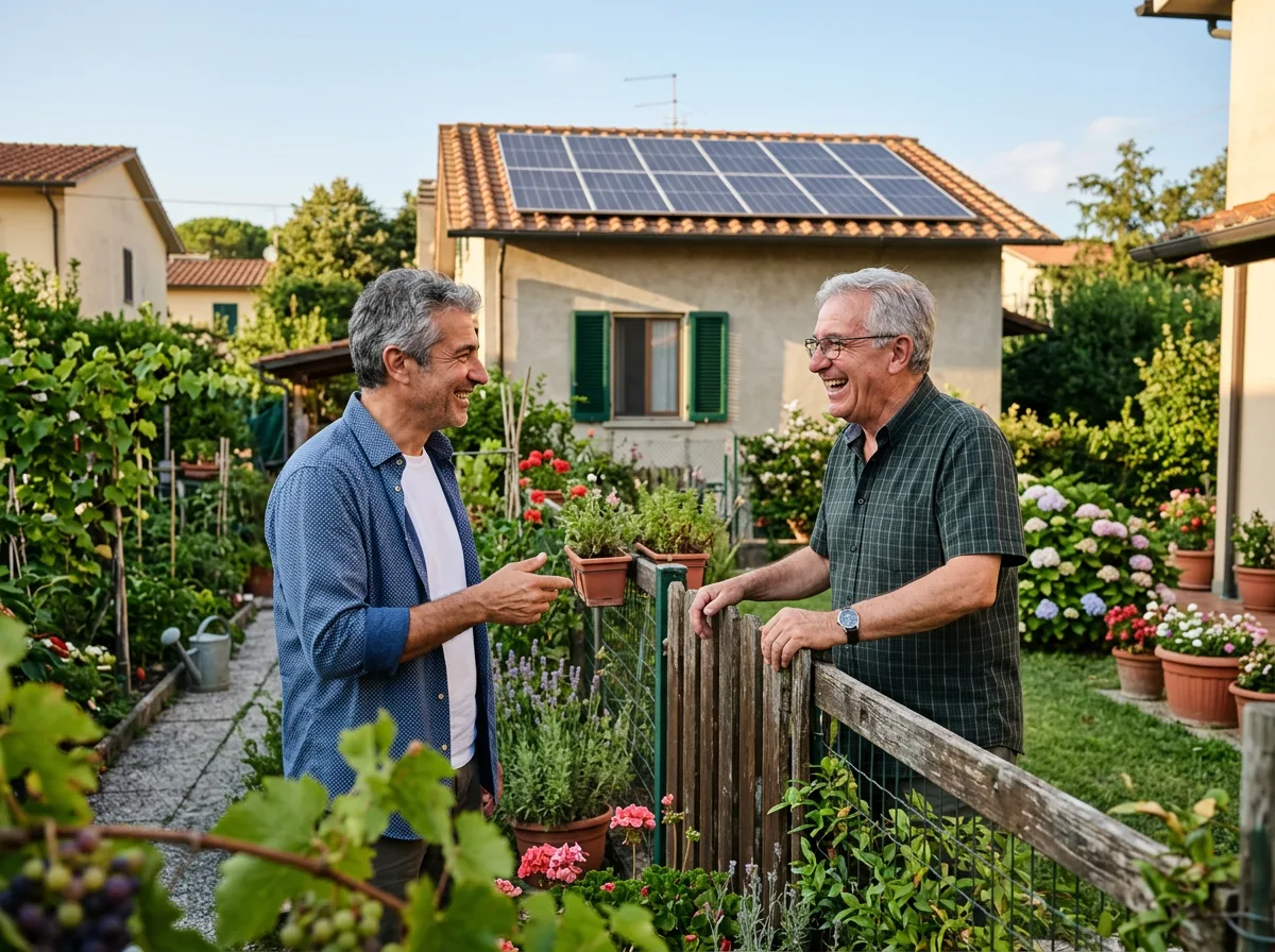 Due vicini di casa italiani di mezza età che chiacchierano sorridendo davanti alla recinzione del giardino, con pannelli solari sui tetti alle loro spalle