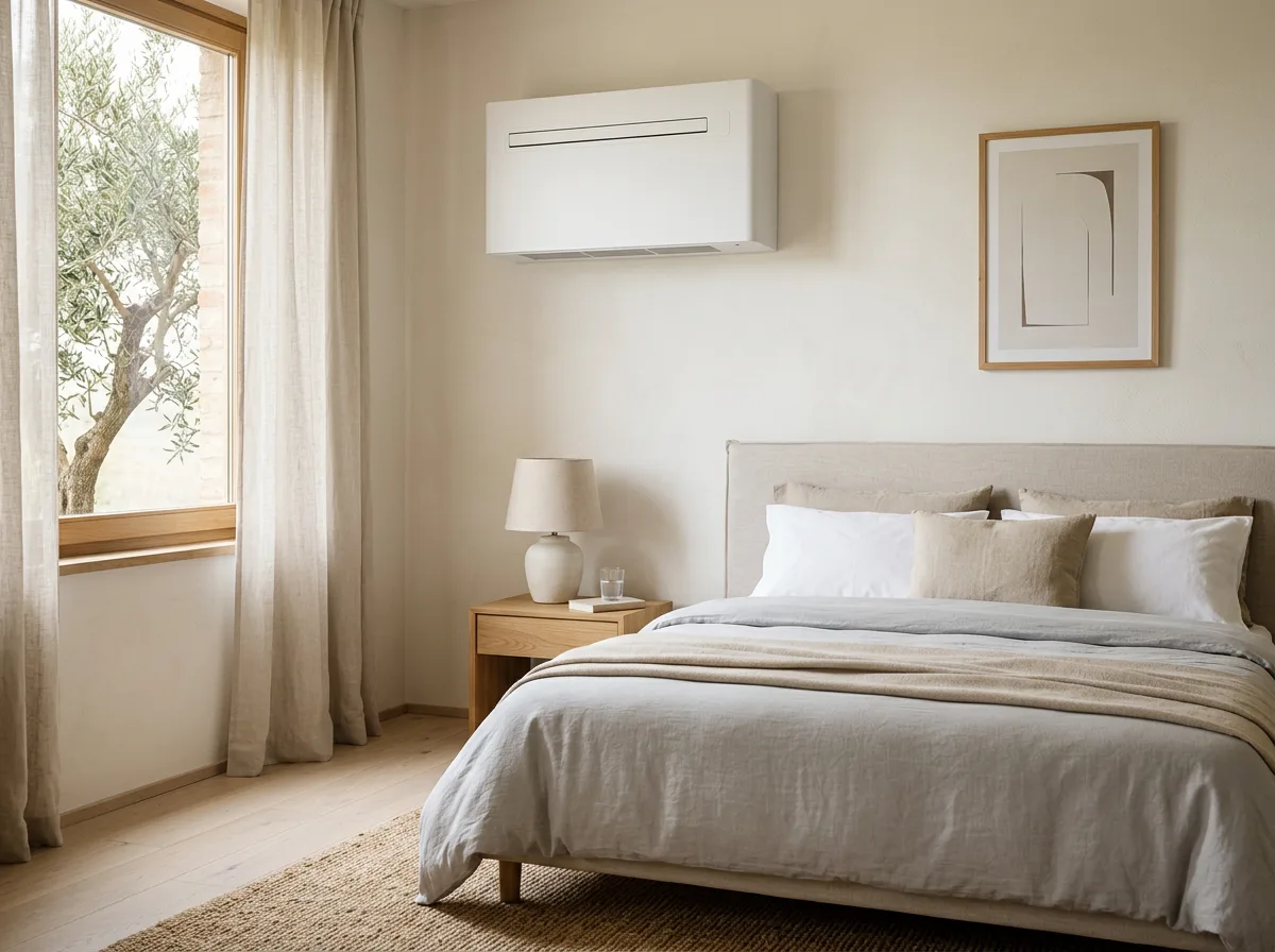Ventilconvettore a parete bianco e sottile in una camera da letto italiana contemporanea, arredo neutro, luce soffusa