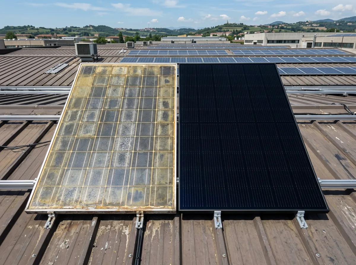 Confronto ravvicinato tra un modulo fotovoltaico datato e ingiallito e un modulo nuovo nero di ultima generazione, affiancati sul tetto di un capannone
