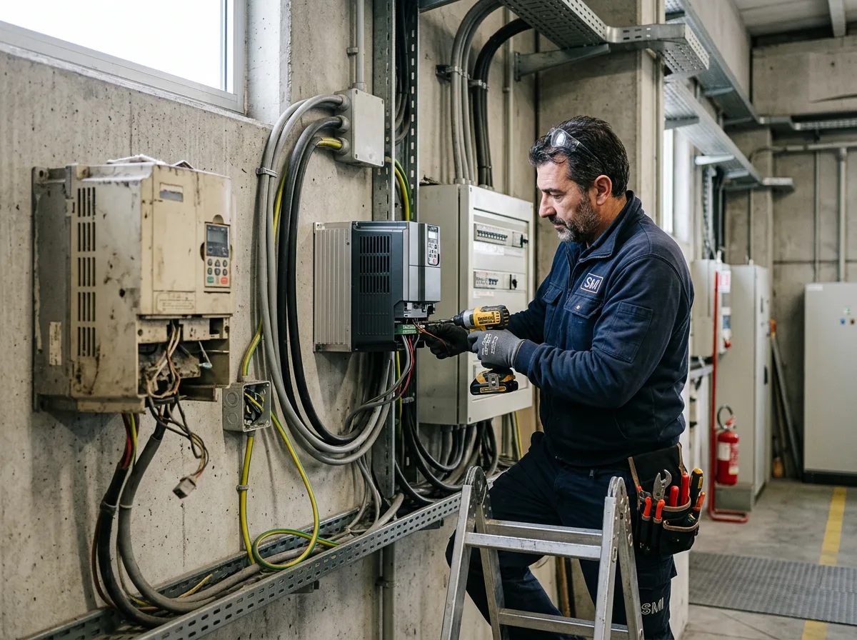 Elettricista che sostituisce un vecchio inverter industriale a parete con un modello nuovo e compatto, nel locale tecnico di un capannone