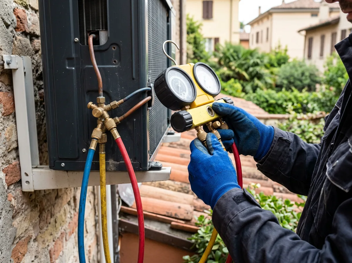 Dettaglio di manometri professionali collegati con tubi colorati agli attacchi di un'unità esterna di condizionatore, con le mani del tecnico al lavoro
