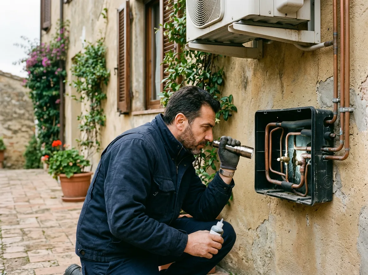 Tecnico che ispeziona con una torcia le tubazioni in rame di un climatizzatore alla ricerca di una perdita, sulla parete esterna di casa
