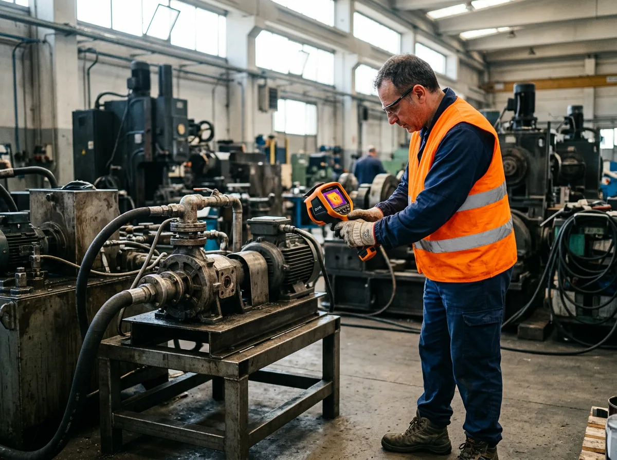 Tecnico con gilet ad alta visibilità che punta uno strumento di misura energetica verso i macchinari di un capannone industriale