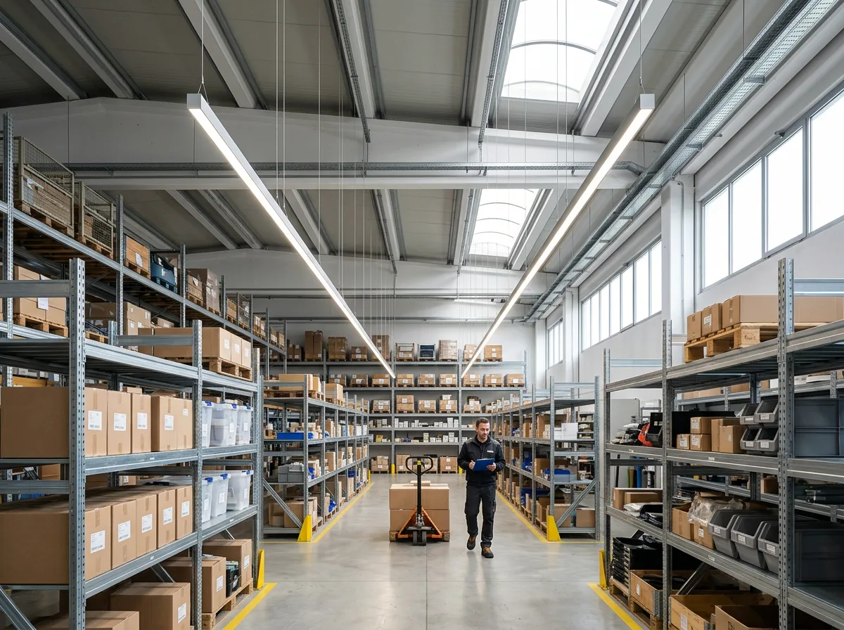 Illuminazione LED a sospensione appena installata in un capannone luminoso e ordinato, con scaffalature industriali