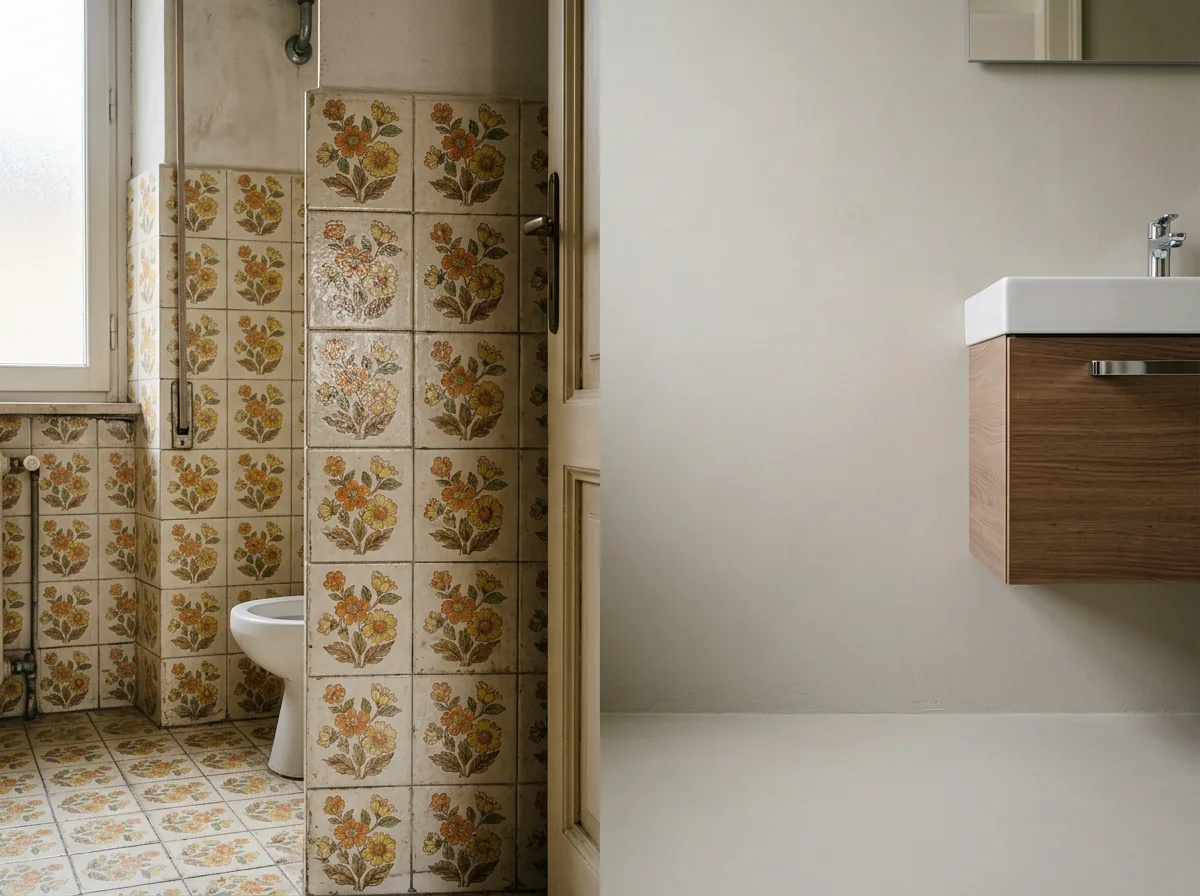 Confronto ravvicinato tra vecchie piastrelle anni Ottanta a fiori e una moderna superficie continua in resina, divise a metà nello stesso bagno