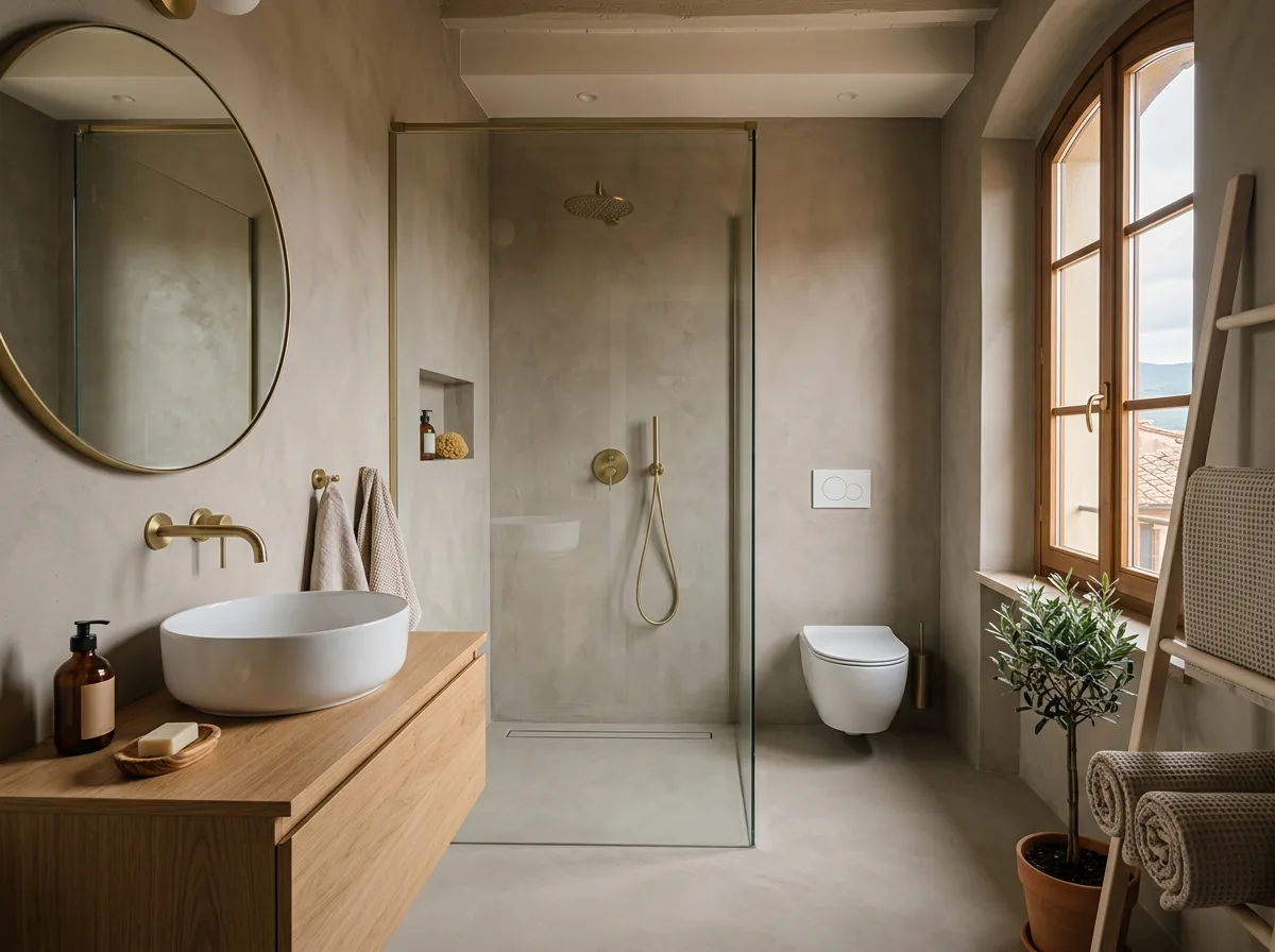 Bagno rinnovato con pareti in microcemento tortora e doccia in vetro, atmosfera calda e minimale in un appartamento italiano