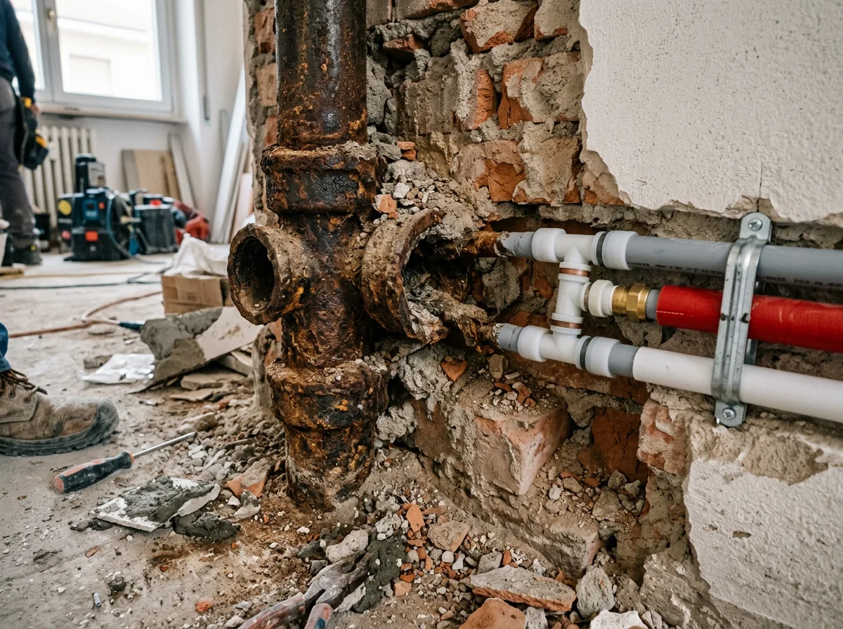 Dettaglio di vecchi tubi in ferro arrugginiti estratti da una parete, accanto ai nuovi tubi multistrato, sul pavimento di un cantiere