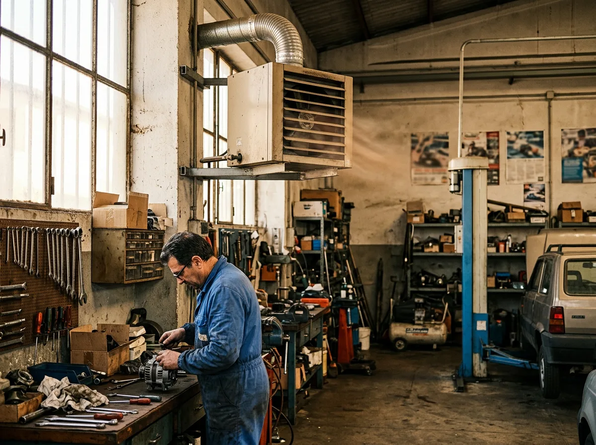 Generatore d'aria calda pensile in funzione nell'angolo di un'officina meccanica italiana, con un operaio al banco di lavoro sullo sfondo