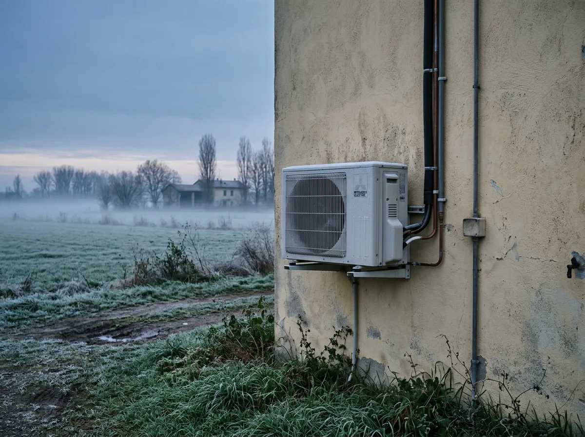 Unità esterna di un climatizzatore su un muro di casa, con leggera brina mattutina e un prato avvolto dalla nebbia bassa tipica della Pianura Padana