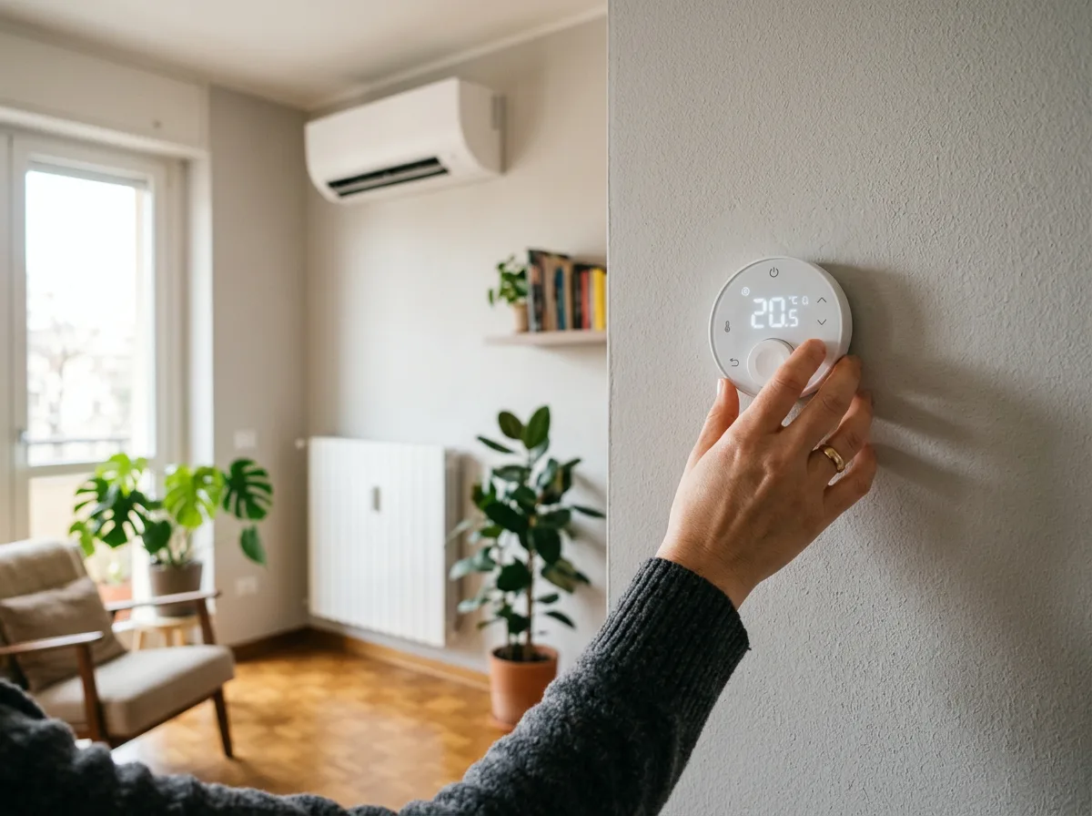 Mano che regola un termostato ambiente a parete in una casa italiana moderna, con un radiatore spento sullo sfondo sfocato