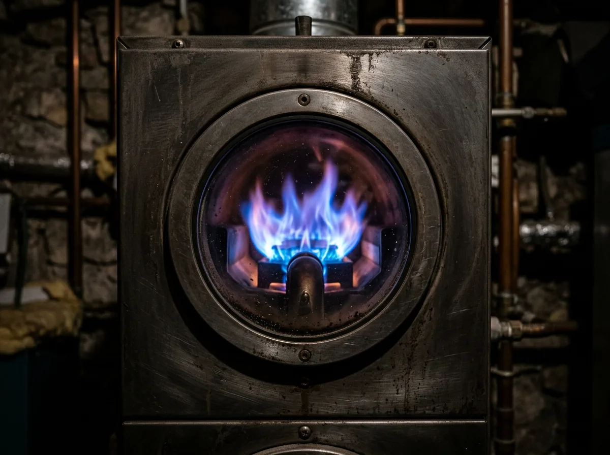 Dettaglio macro della fiamma blu modulante visibile attraverso la finestrella di ispezione di una caldaia a condensazione moderna, su sfondo scuro