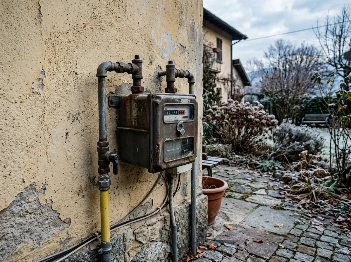 Contatore del gas su muro esterno di una casa lombarda, con giardino invernale sullo sfondo e luce fredda del mattino