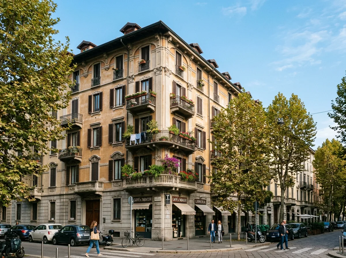 Condominio residenziale milanese d'epoca con balconi, cielo limpido e strada alberata in primo piano