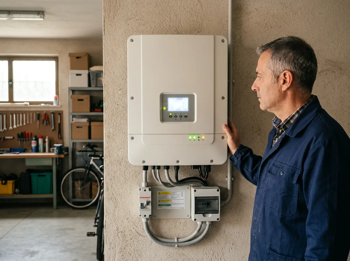 Inverter fotovoltaico a parete in un garage ordinato, con spie luminose accese e un uomo che ne osserva il display