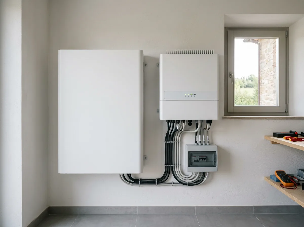 Batteria di accumulo domestica bianca installata a parete accanto all'inverter in un locale tecnico pulito, con cablaggio ordinato