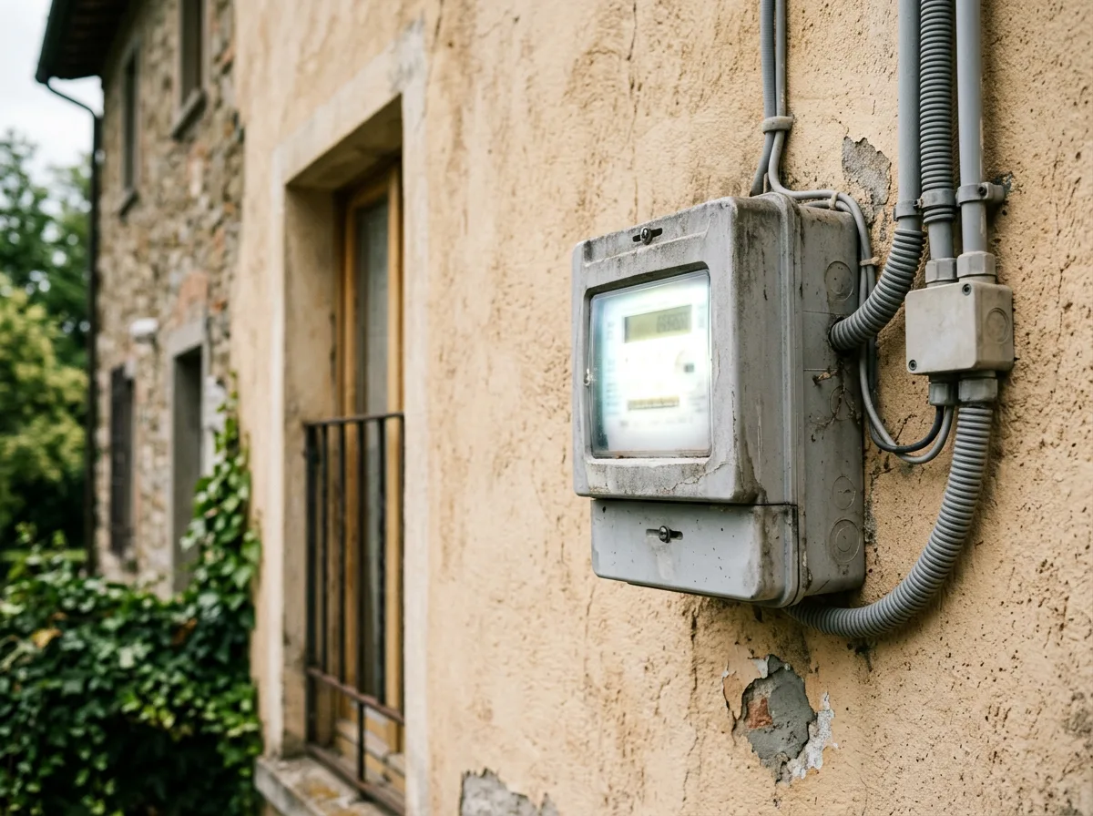 Contatore elettrico bidirezionale con display acceso, installato sulla parete esterna in intonaco chiaro di una casa italiana