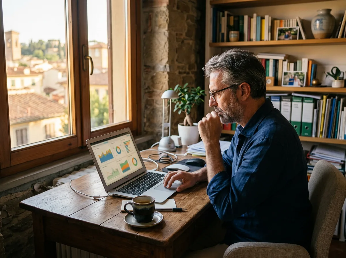 Uomo che consulta i grafici di produzione energetica sul computer portatile nel suo studio di casa, con una tazza di caffè accanto