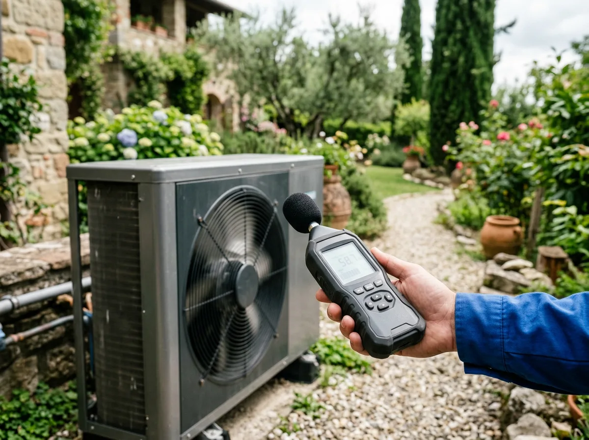 Fonometro professionale tenuto in mano davanti a una pompa di calore in funzione nel giardino di un'abitazione