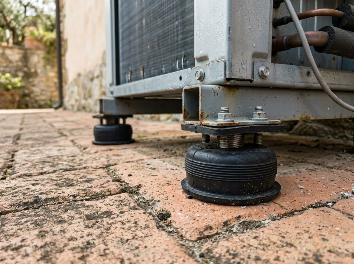 Dettaglio ravvicinato dei supporti antivibranti in gomma montati sotto i piedini di un'unità esterna, ben illuminato