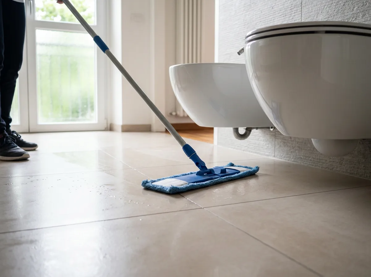 Dettaglio del pavimento libero sotto i sanitari sospesi durante la pulizia con il mocio, in un bagno luminoso