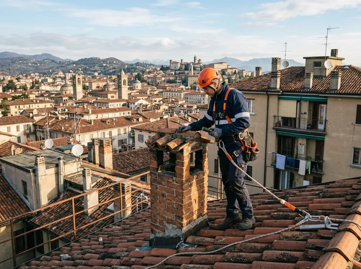Tecnico con imbracatura di sicurezza che ispeziona i comignoli sul tetto di un condominio, con i tetti di una città del Nord Italia sullo sfondo