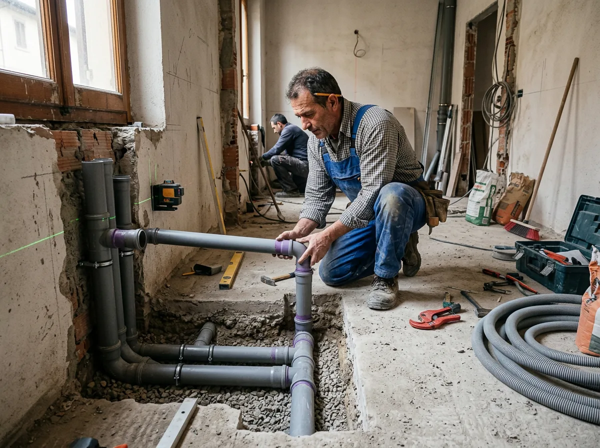 Idraulico che monta le nuove tubazioni di scarico di un secondo bagno, con le tracce aperte a pavimento in un cantiere ordinato