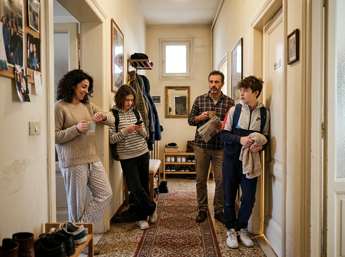 Famiglia con due figli adolescenti in coda nel corridoio di casa al mattino, in attesa davanti alla porta dell'unico bagno