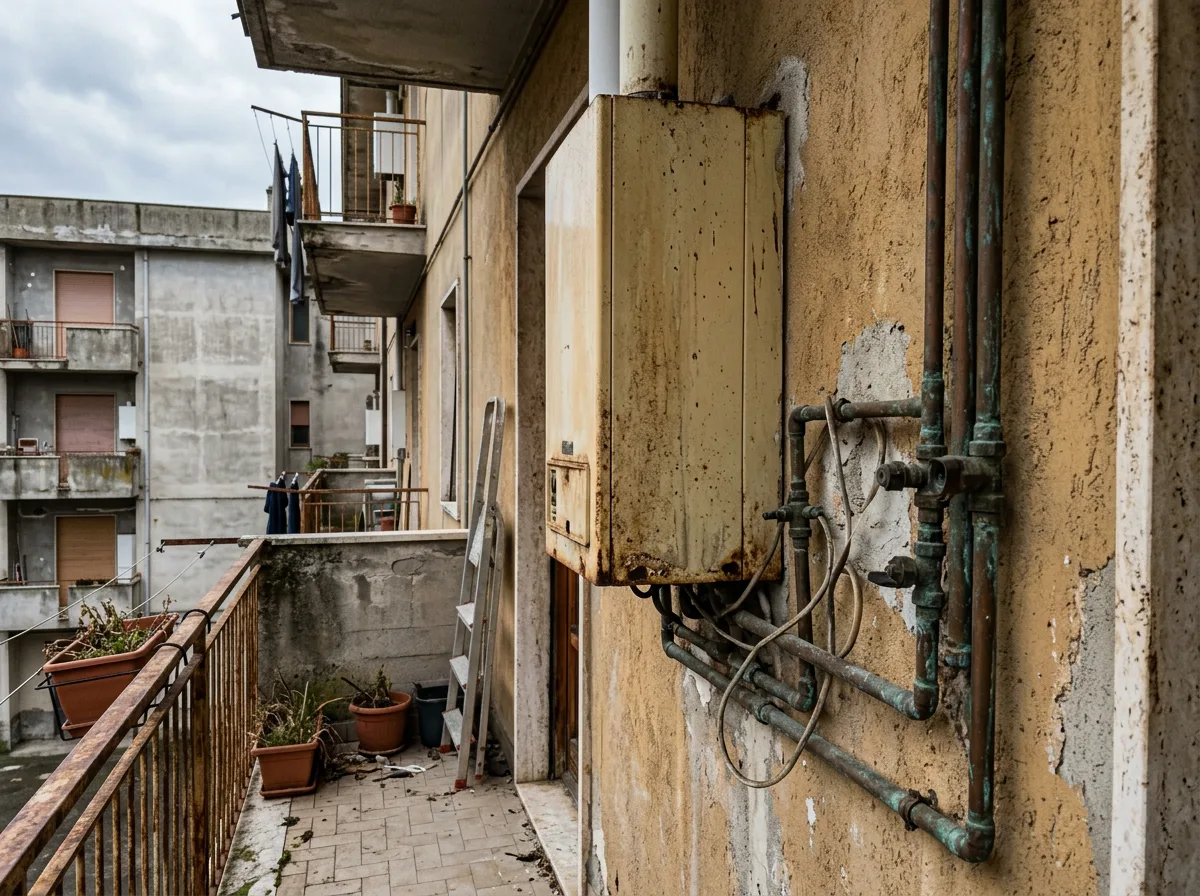 Vecchia caldaia a gas ingiallita sulla parete esterna del balcone di un condominio anni Settanta, con le tubazioni ossidate