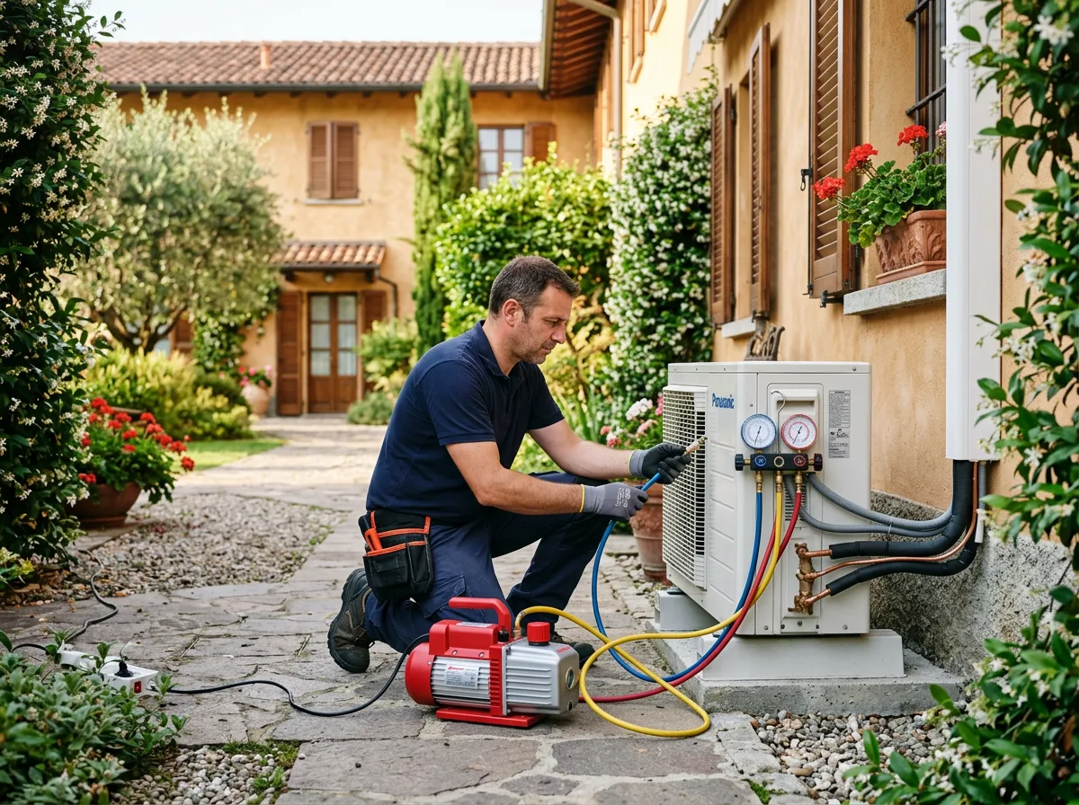 Installatore che esegue il vuoto sul circuito frigorifero di una pompa di calore appena montata nel cortile di una villetta, con i manometri collegati