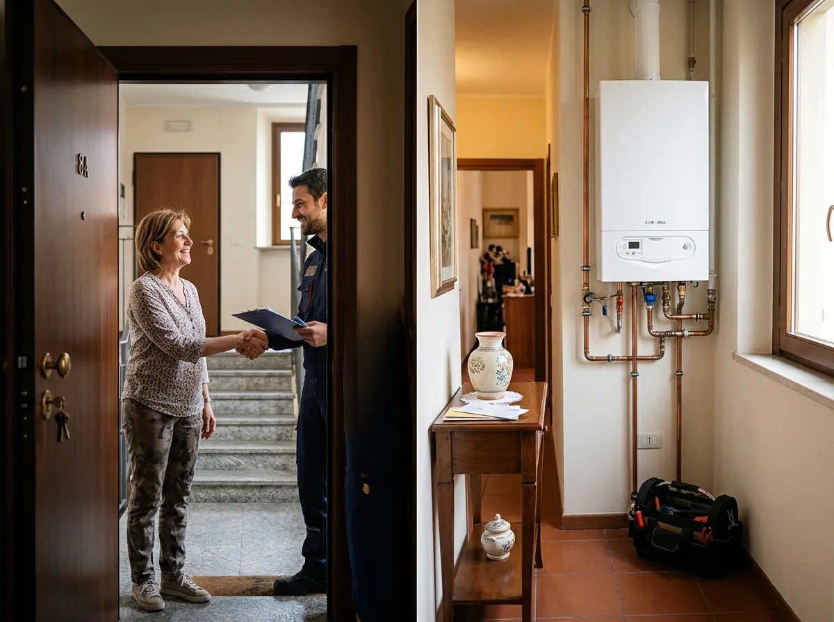 Tecnico che stringe la mano alla proprietaria di casa sulla porta dell'appartamento a fine intervento, con la nuova caldaia visibile sullo sfondo