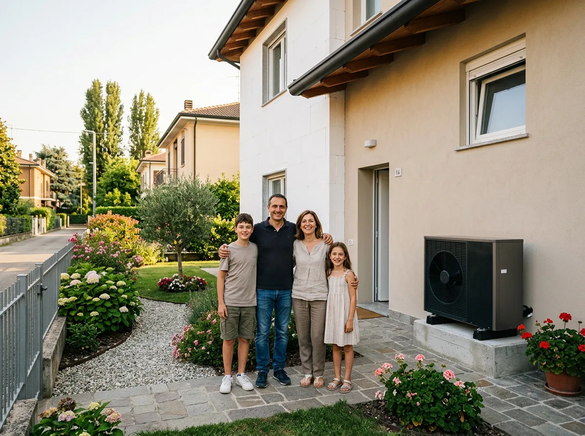 Famiglia davanti alla propria villetta ristrutturata con cappotto termico e pompa di calore installata sul lato della casa