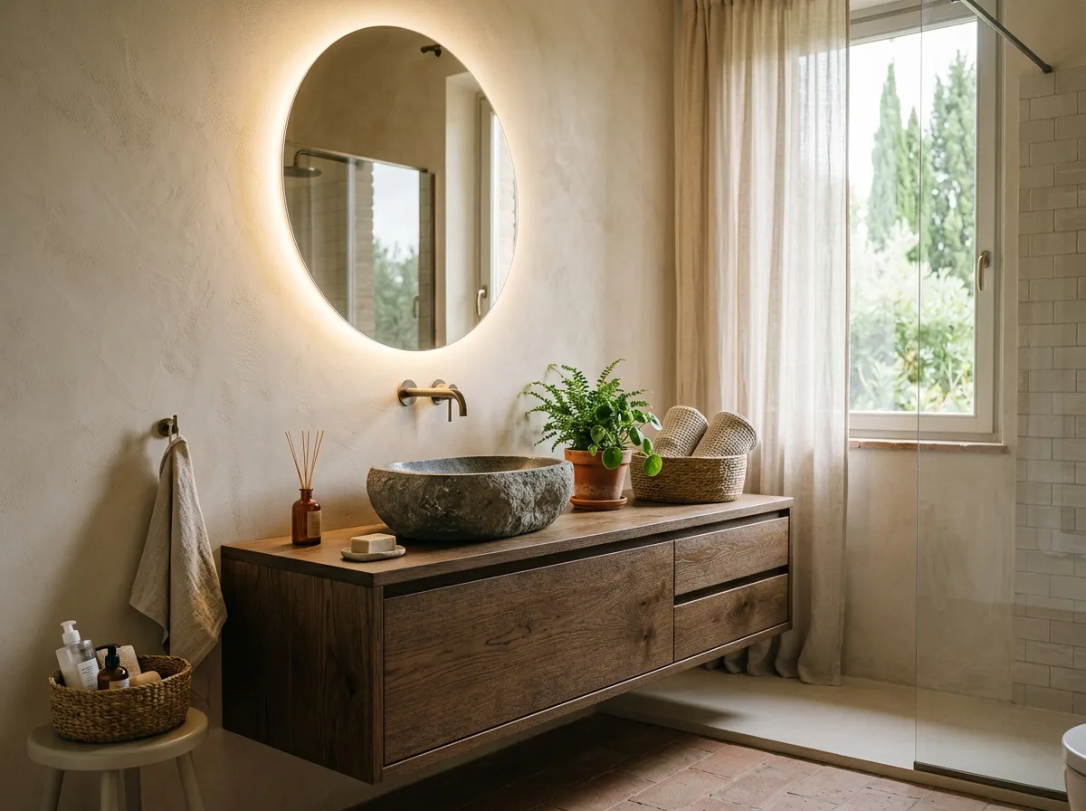 Mobile bagno in rovere con lavabo in appoggio in pietra, specchio tondo retroilluminato e piante verdi in un bagno moderno