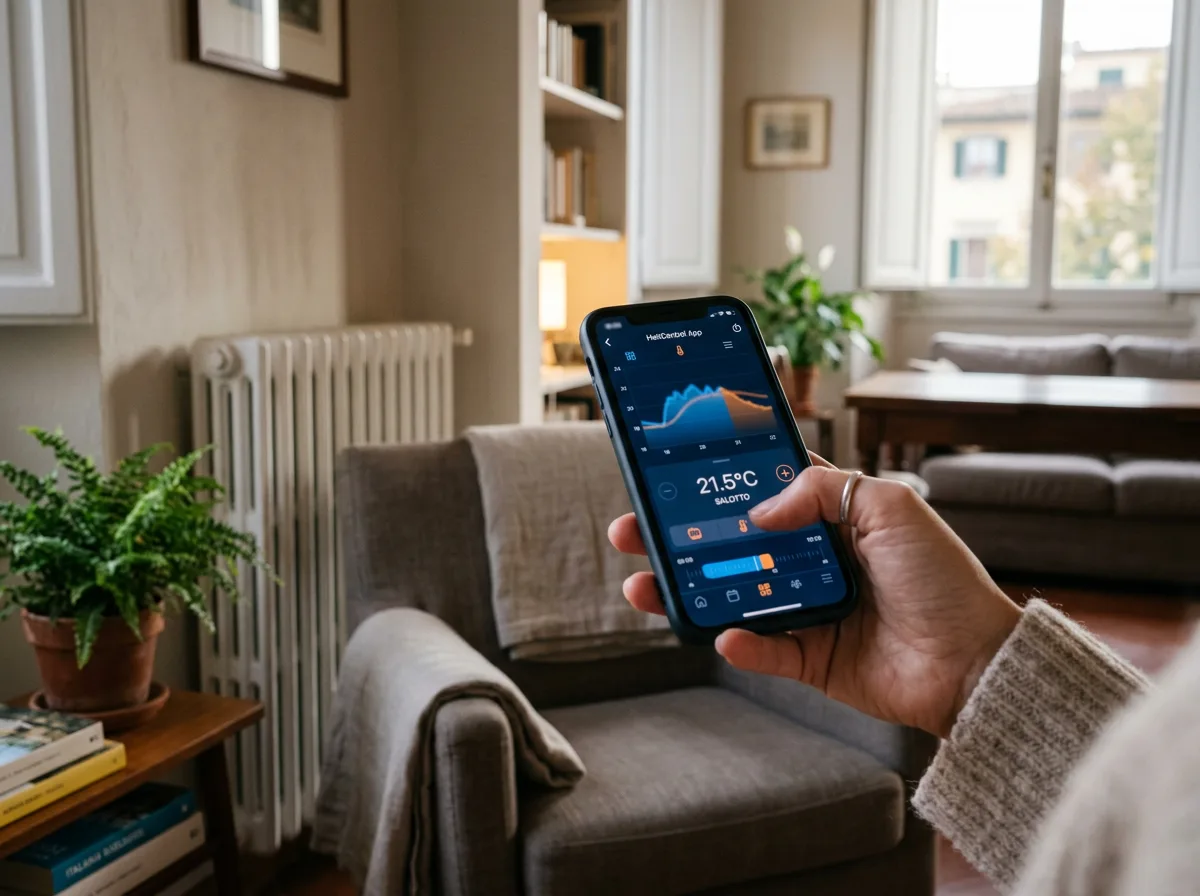 Smartphone tenuto in mano con l'app di controllo del riscaldamento aperta sulla schermata dei consumi, sullo sfondo un salotto accogliente