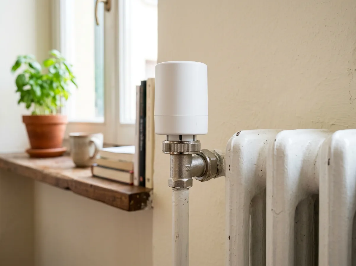 Valvola termostatica smart bianca montata su un radiatore, ripresa da vicino con l'anello di regolazione in evidenza e luce naturale dalla finestra