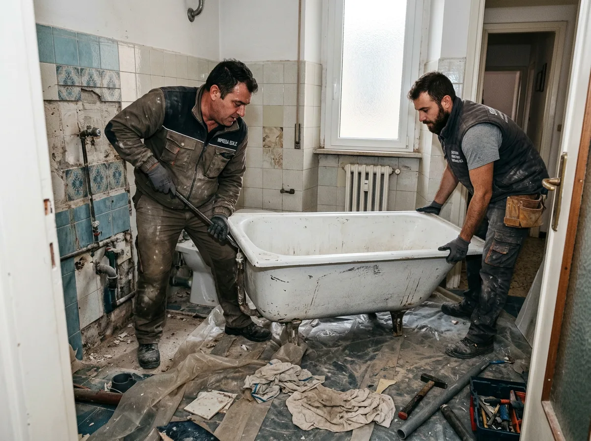 Due installatori rimuovono una vecchia vasca da bagno in un appartamento, con i teli protettivi stesi a terra