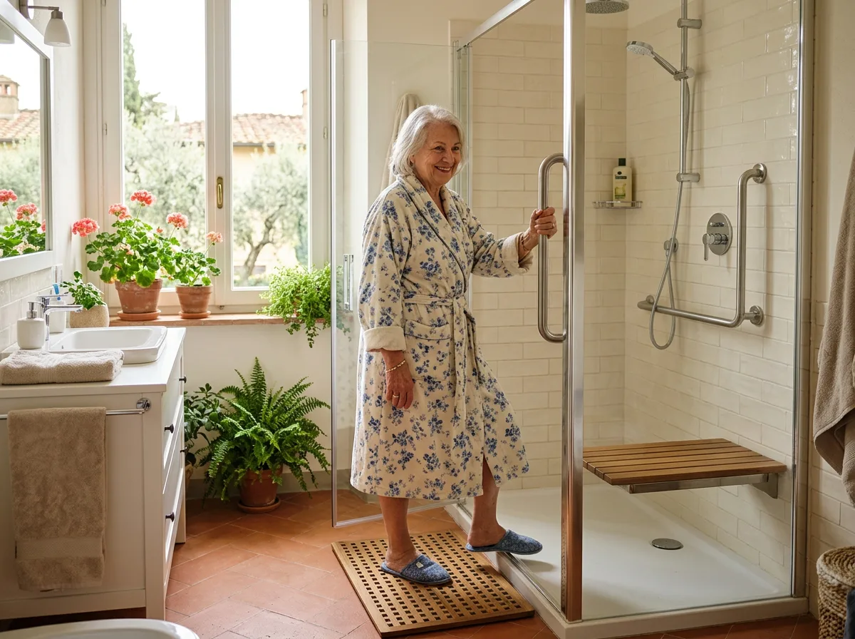Signora sui settant'anni che entra in sicurezza in una doccia a filo pavimento dotata di seduta ribaltabile e maniglione, in un bagno luminoso