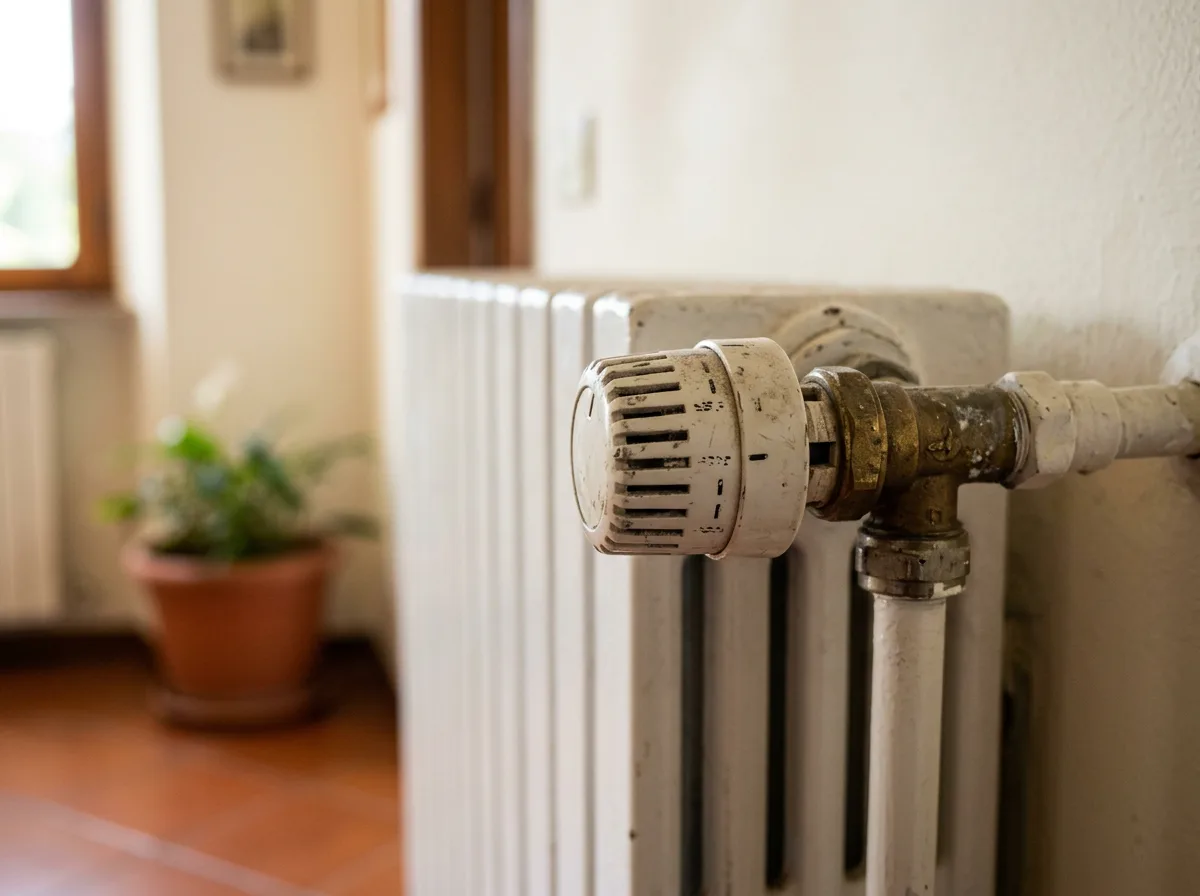 Primo piano di una valvola termostatica con ghiera graduata montata su un radiatore in alluminio bianco, con sfondo sfocato